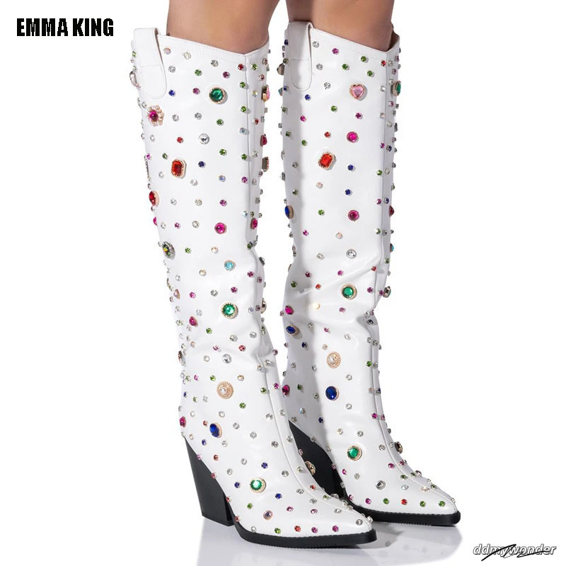 Womens Dia High Heels Boots Cowgirl Pointed Toe Knee High Colorful Gem Long Lady Fashion White Boots 44 Dh5437010 ddmywonder