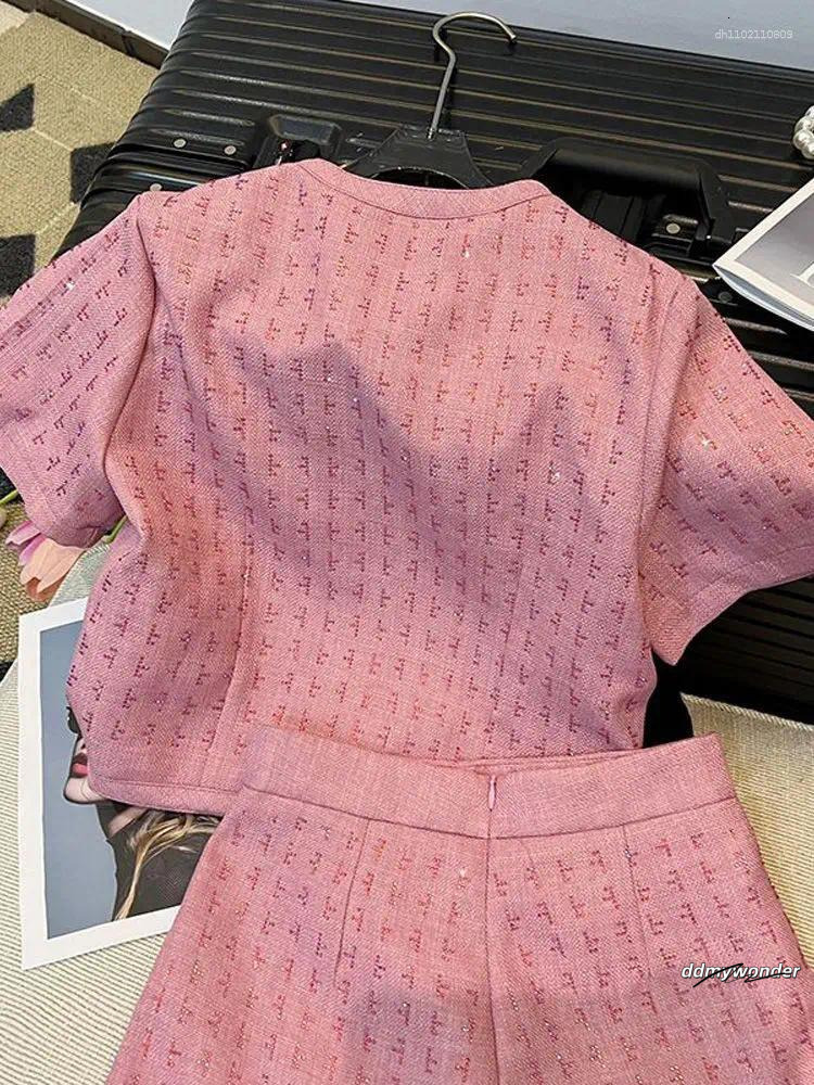 Women's Two Piece Pants BAFU Summer Pink Tweed 2 Set Women Short Sleeve Jacket Wide Legs Shorts Suit Runway Celebrity Coat Clothes 003P