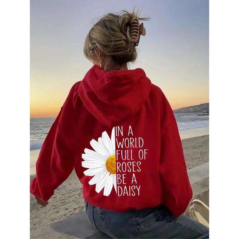Women's Floal Lette Pint Dop Shoulde Hoodie, Fashion Casual Dawsting Pocket Hooded Sweatshit Daily Holiday Outdoo Wea, Ladies Clothes fo Fall &