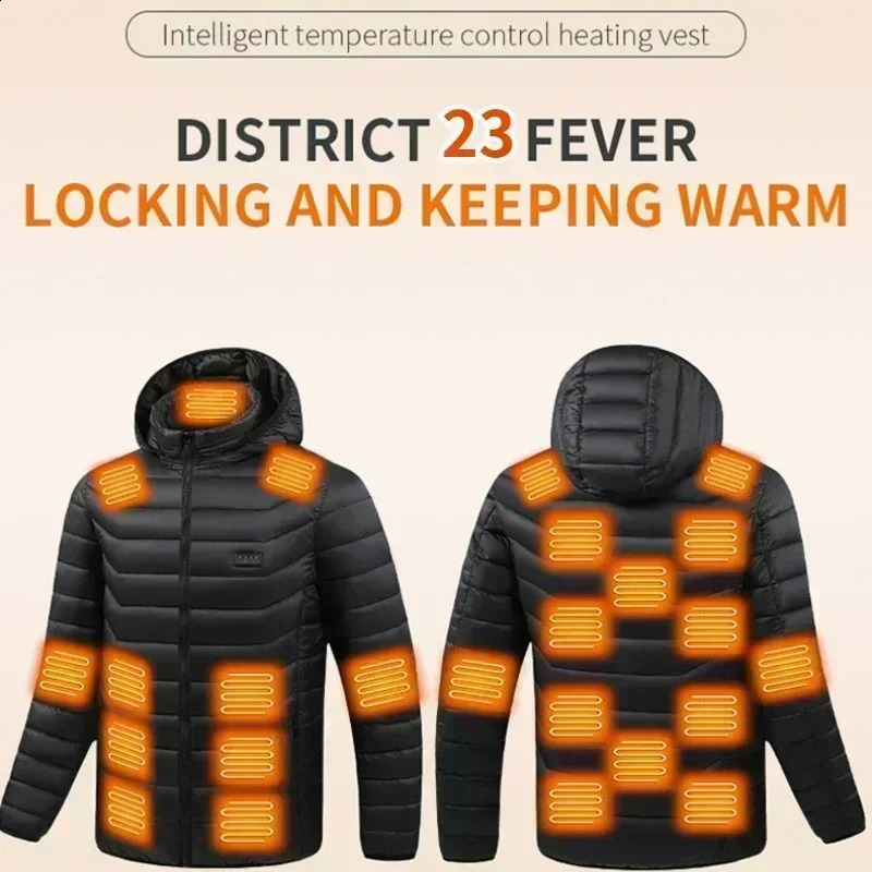23 Areas Heated Jacket Mens Winter USB Electric Parkas Smart SelfHeating Clothes Camping Ski Down Cotton Padded Coat 250910