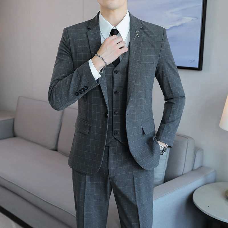 2024 Plaid ThreePiece Suit Set HighQuality Business Fashion Vest Trousers Wedding Casual Handsome Outfit W250910