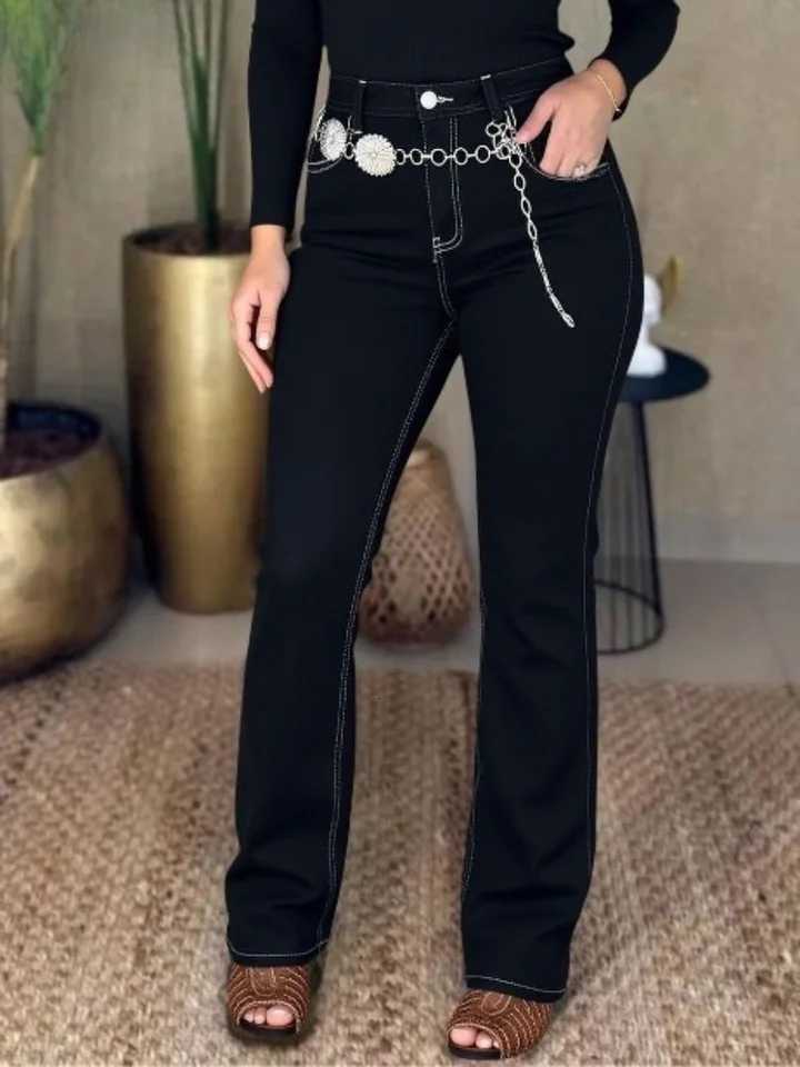 HMEWomenS HighWaist Bootcut Jeans with Geometric Embroidery BuiltIn Zipper Stretch Denim Slim Fit MultiButton Detail Z250910