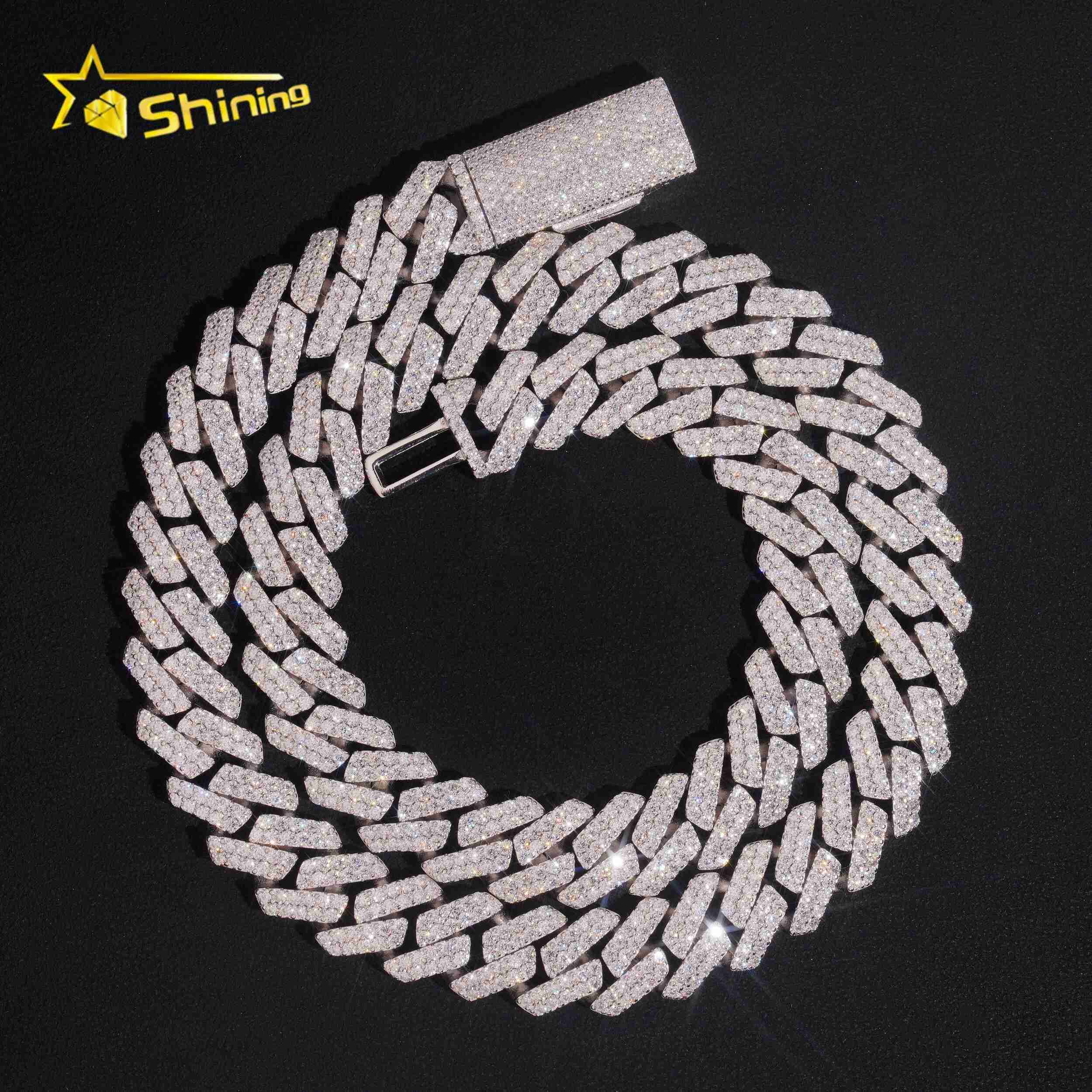 Pass Diamond Tester Two Row 14mm Width Iced Out Hip Hop 925 Sterling Silver Moissanite Cuban Link Chain