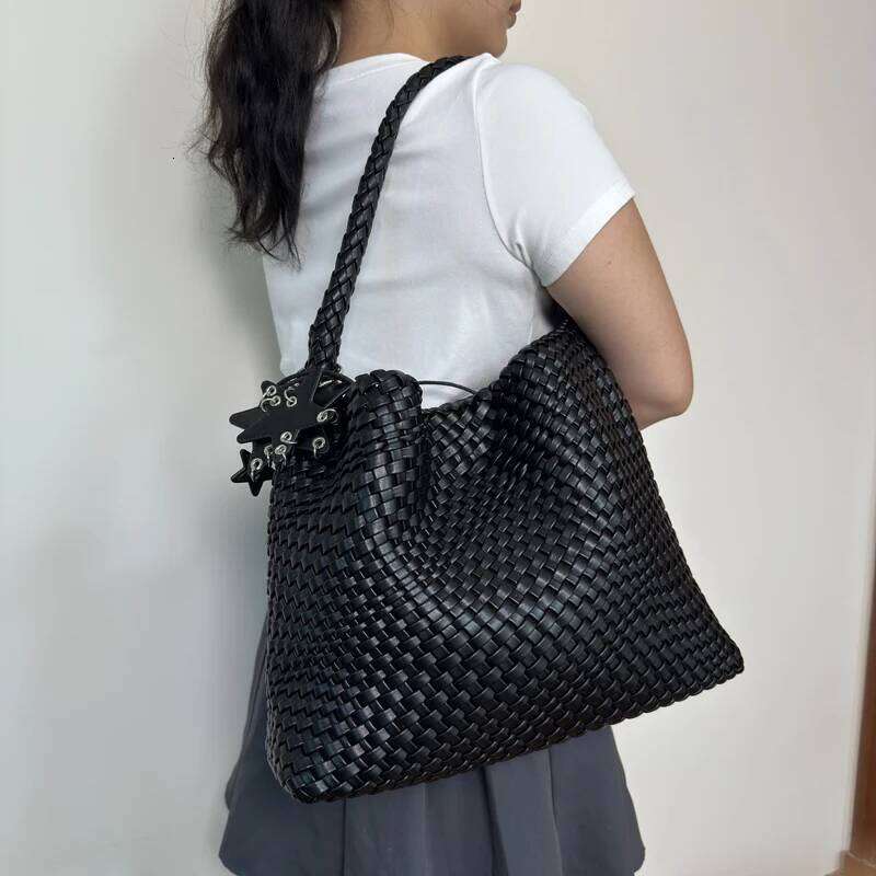 Women Woven Texture Shoulder Bag Lightweight PU Large Capacity Magnetic Clasp Solid Color Glossy For Daily Commute Shopping
