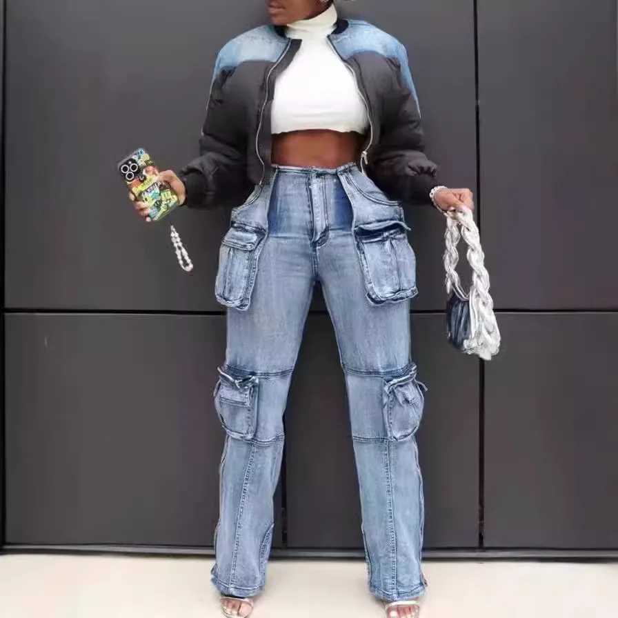 Vintage Washed Distressed Women Jeans Ankle Length Spliced Cargo Pants Denim Pockets High Waist Streetwear Loose Fit 2024 Z250910