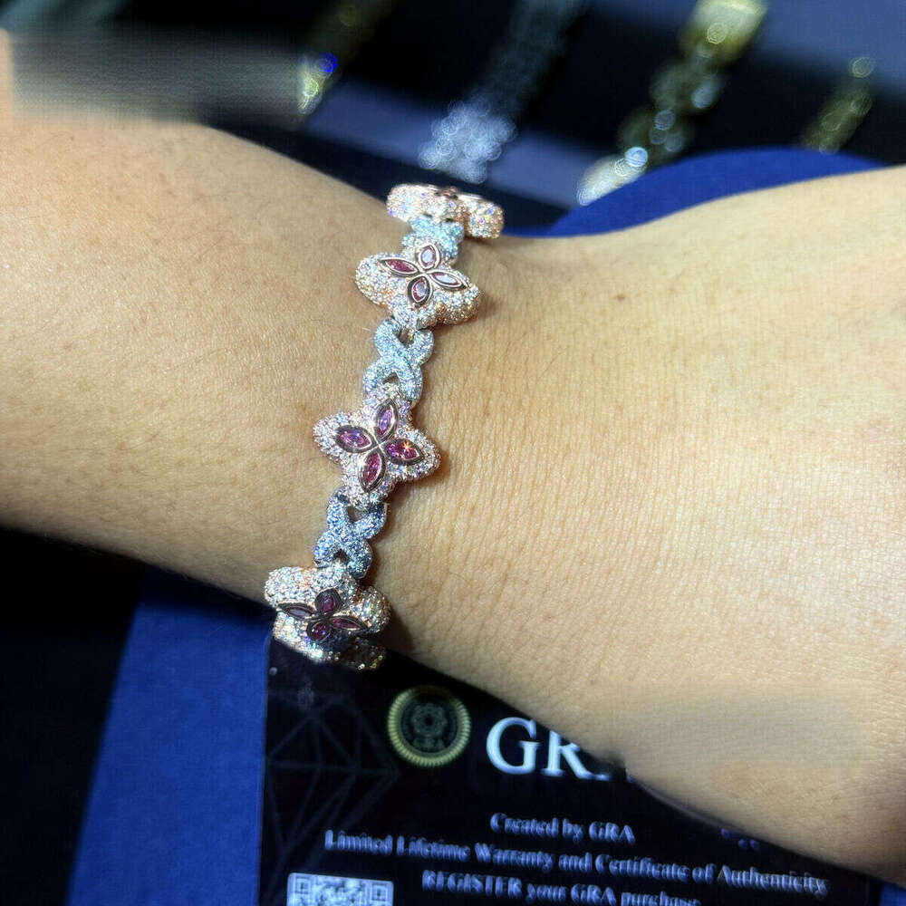 New Arrivals Fashion Jewelry Sterling Sier Vvs Pink Color Moissanite Dia Four Leaf Clover Cuban Link Tennis Bracelet