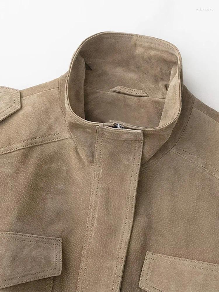 Women's Jackets Standing Collar Casual Leather Suede Texture Coats Zipper Pockets Fold Tops High Street Autumn Lady Clothes