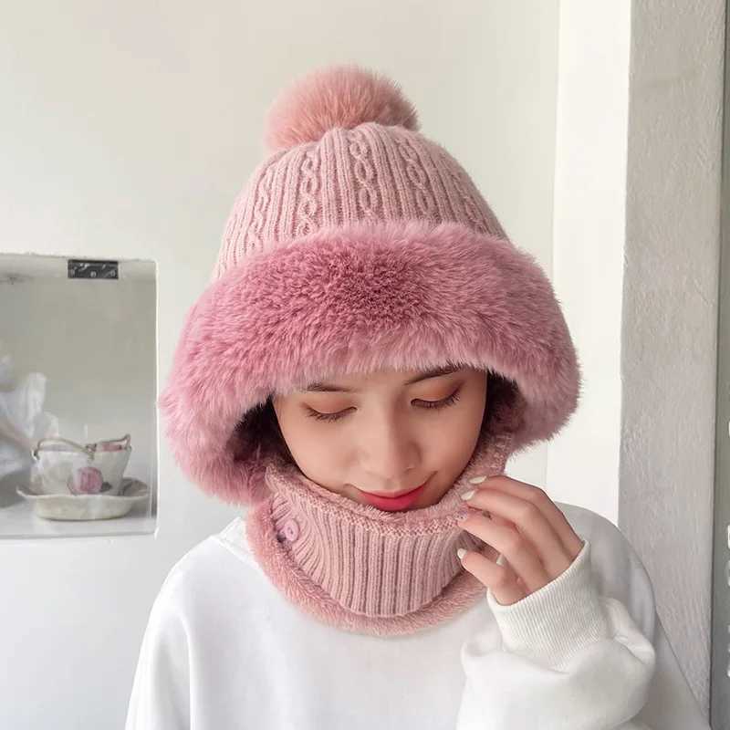 Winter Plush Fur Ball Pulr Hats For Women Casual Twist Pattern Fleece Lined Knitted Hat La Thicken Warm Scarf Hat FemaleXJ250910