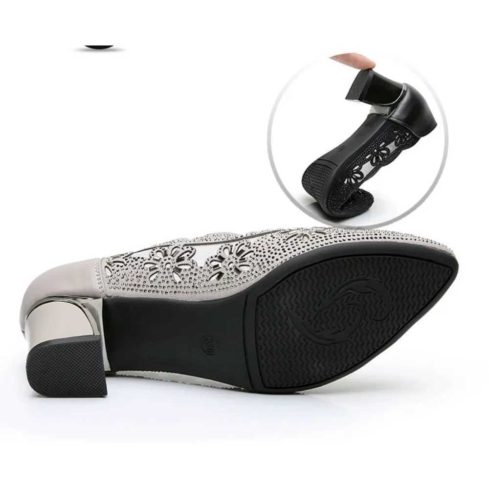 Fashion Hollow Out Genuine Leather Pumps Women Shoes Med Heels Square Diamond Mesh Ladies Office Crystal Pointshoes W250910