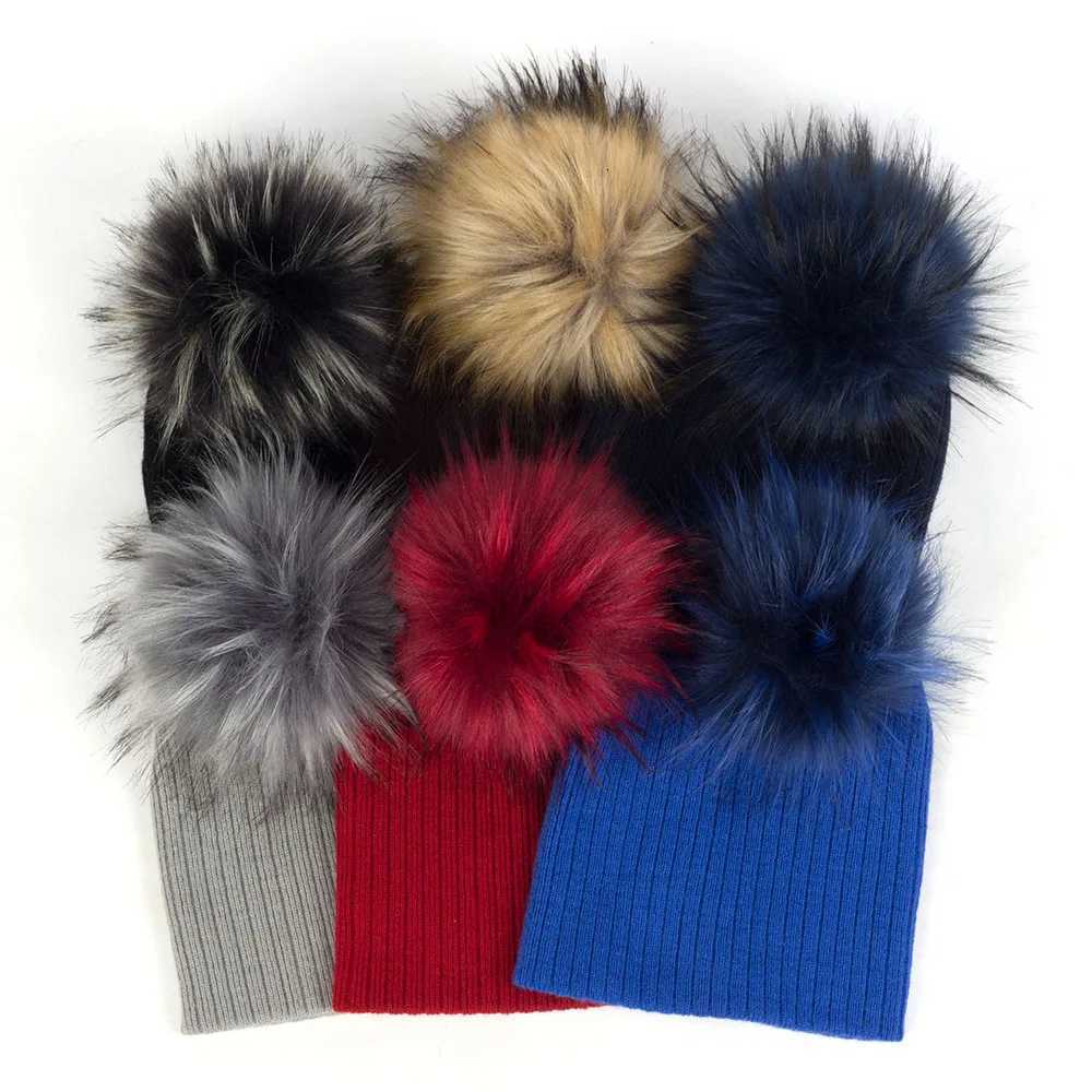 Geebro Fashion child baby Solid Color Ribbed Beanies hats With Faux fur pompom New Girls Boys Kids Soft Cute skully hatsXJ250910