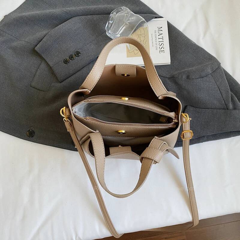 PU leather bucket bag women s shoulder bag short handle solid color simple style autumn new item lychee pattern designer bag women s crossbody bag tra