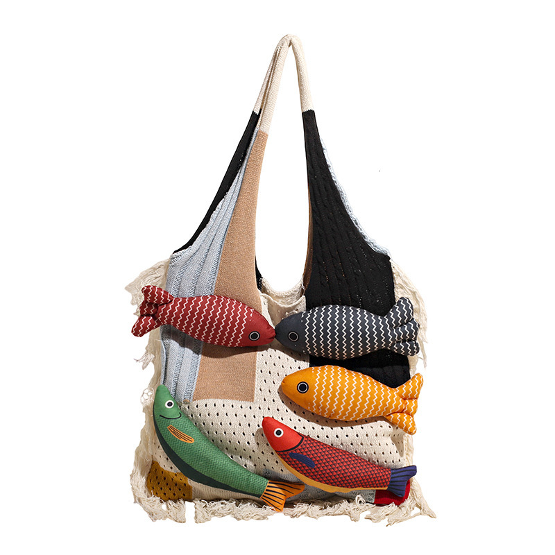 2025 Autumn New Lazy Style bag Knitted Handbag Fashion Large Capacity Cute Small Fish Patch Women's Shoulder Bag Designer Bag