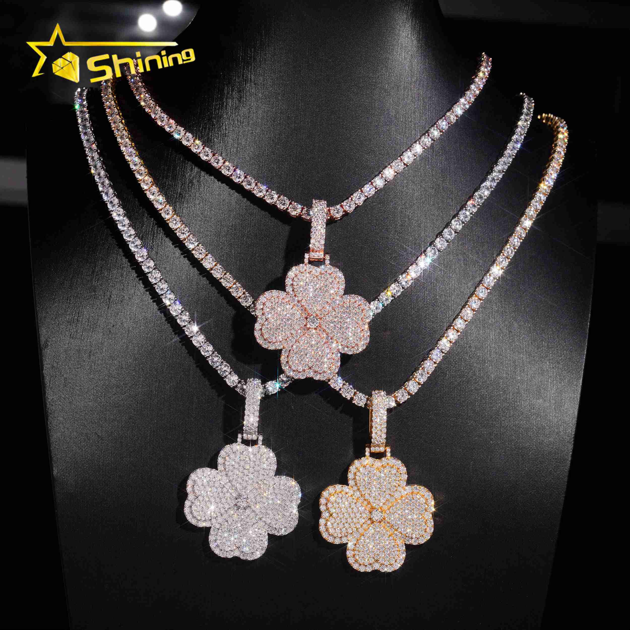 New Style Moissanite Pendant Gold Plated Fine Jewelry 925 Sterling Silver Iced Out Moissanite Clover Pendant for Men Women