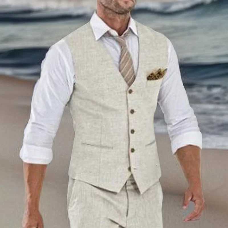 Beige Linen Suit Vest for Men Wedding Summer Beach One Piece Waistcoat V Neck Male Fashion Cost W250910