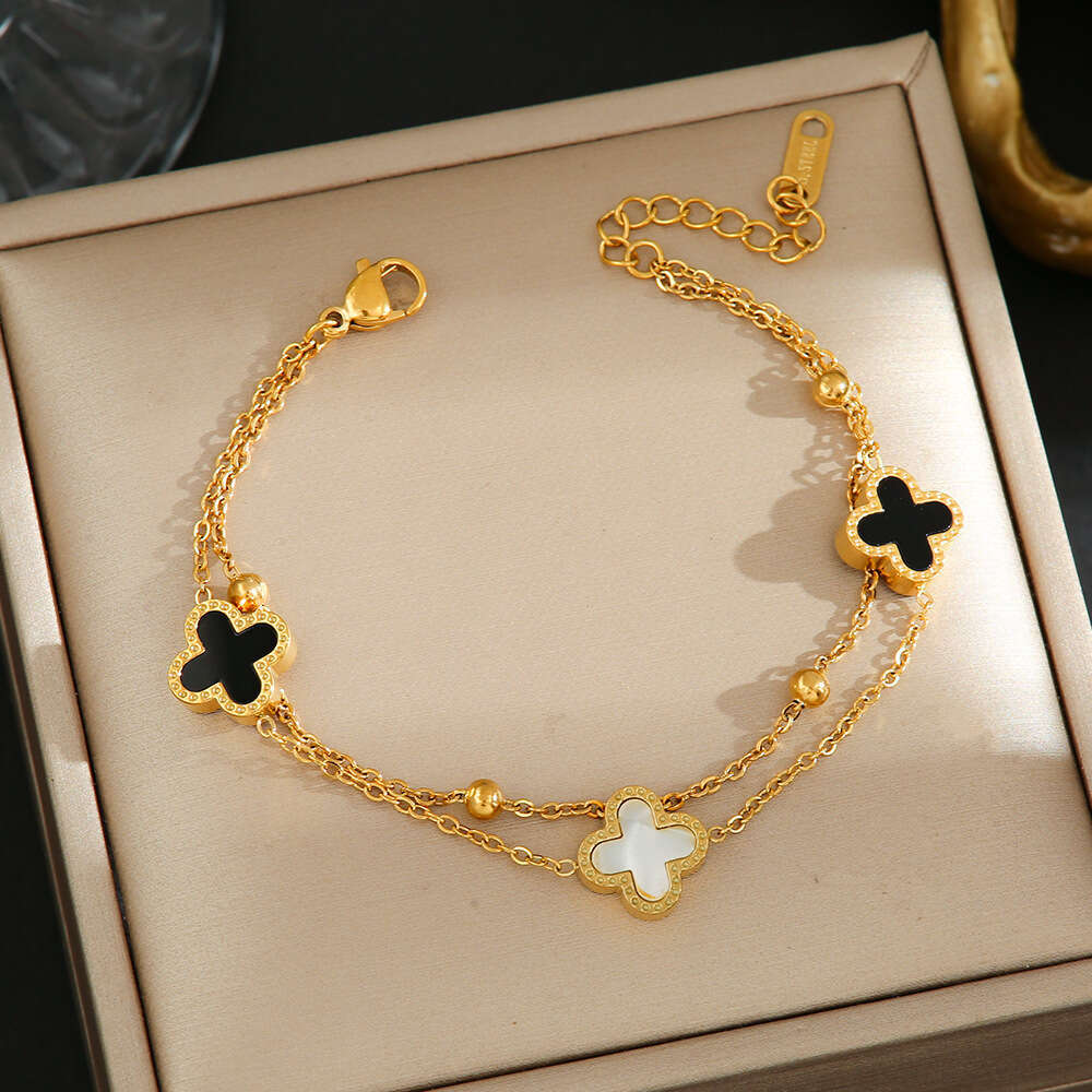 Korean Style Simple Double-Sided Four-Leaf Clover Bracelet for Women Fashion Double Layer Chain Titanium Steel Gold Sweet Temperament Jewelry