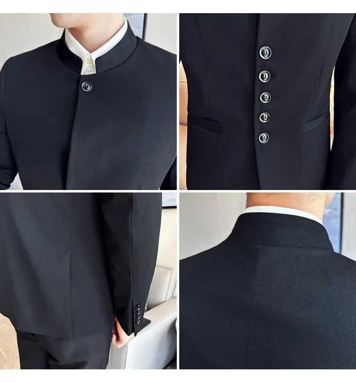 Highquality New Chinese Style Mens Suit Standing Collar Slim Fit ClassicBlazerPantsSolid Color Black 2 Pcs Wedding Dress W250910