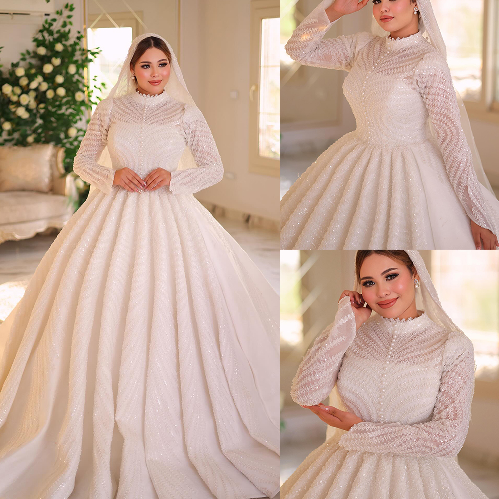 Vintage A Line Wedding Dresses For Women Sequins Beaded Lace Bridal Gown High Collar Long Sleeves Sweep Train Dress Vestido De Novia
