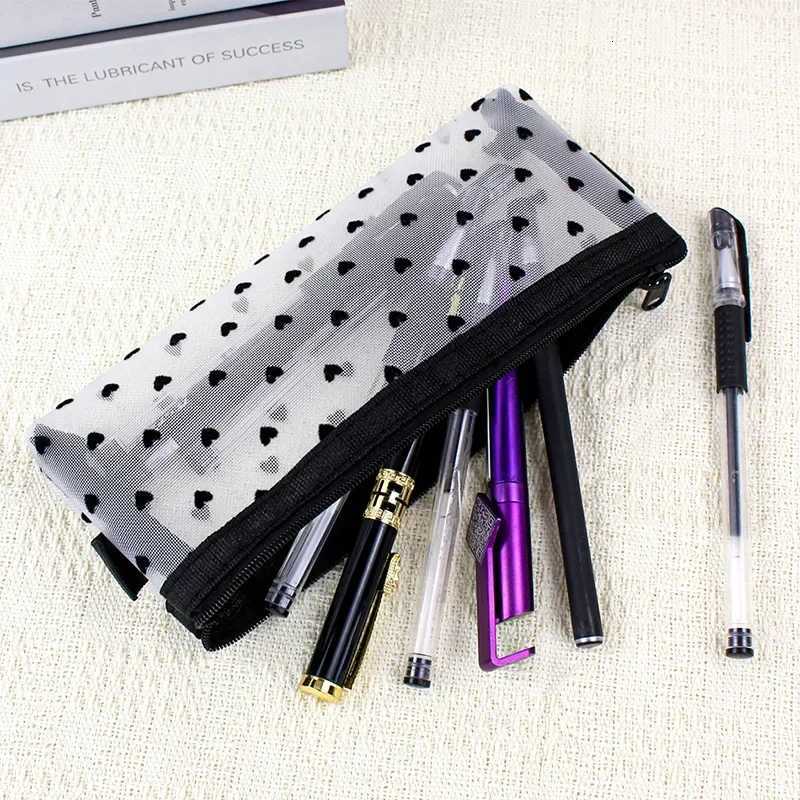 Clear Mesh Cosmetic Makeup Bags Case Makeup Brush Holder Cute Transparent Zipper Black Heart Printed Pencil Pen Case PouchXJ250910