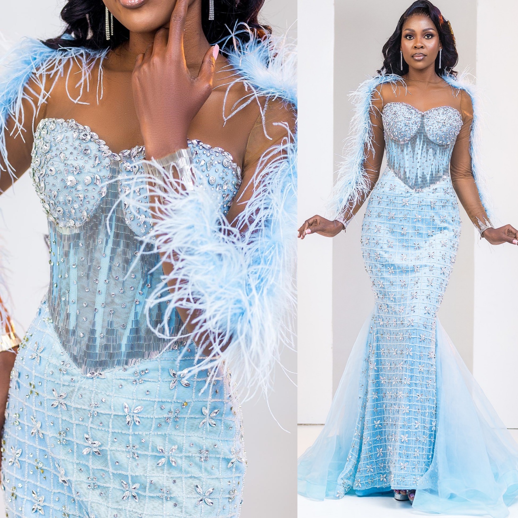 Light Sky Blue Mermaid Prom Dresses 2025 Feather Crystals Beaded Evening Formal Party Second Birthday Engagement Gowns Plus Size Dress For Special Occ