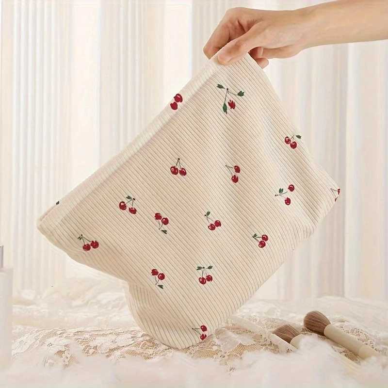 Fashion Cherry Printed Corduroy Makeup Bag Large Capacity Lightweight Zipper Makeup Storage Box Multifunctional Bag with LiningXJ250910