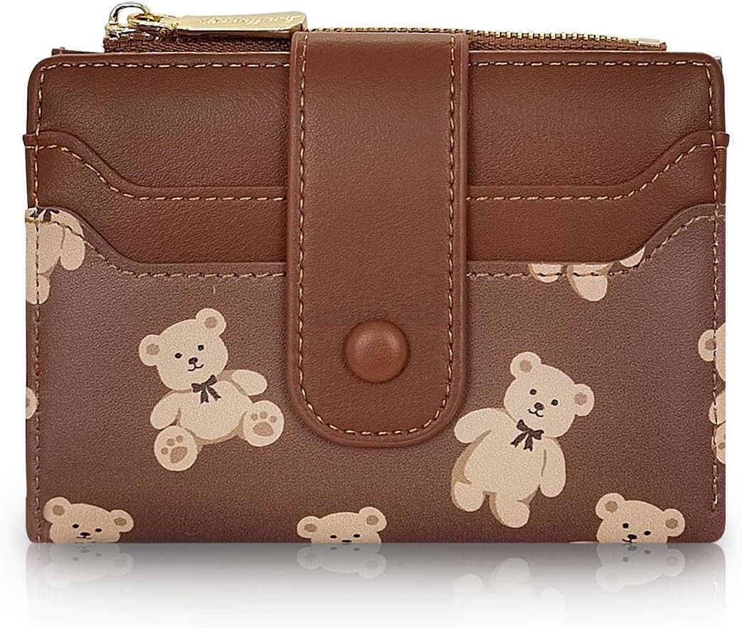 Cute Wallet for Women Bear Print Zip Bifold Wallet with Front Card Slot ID Window Cash Slot Short Women Wallet Elegant Youthful and Cute BrownZ250910