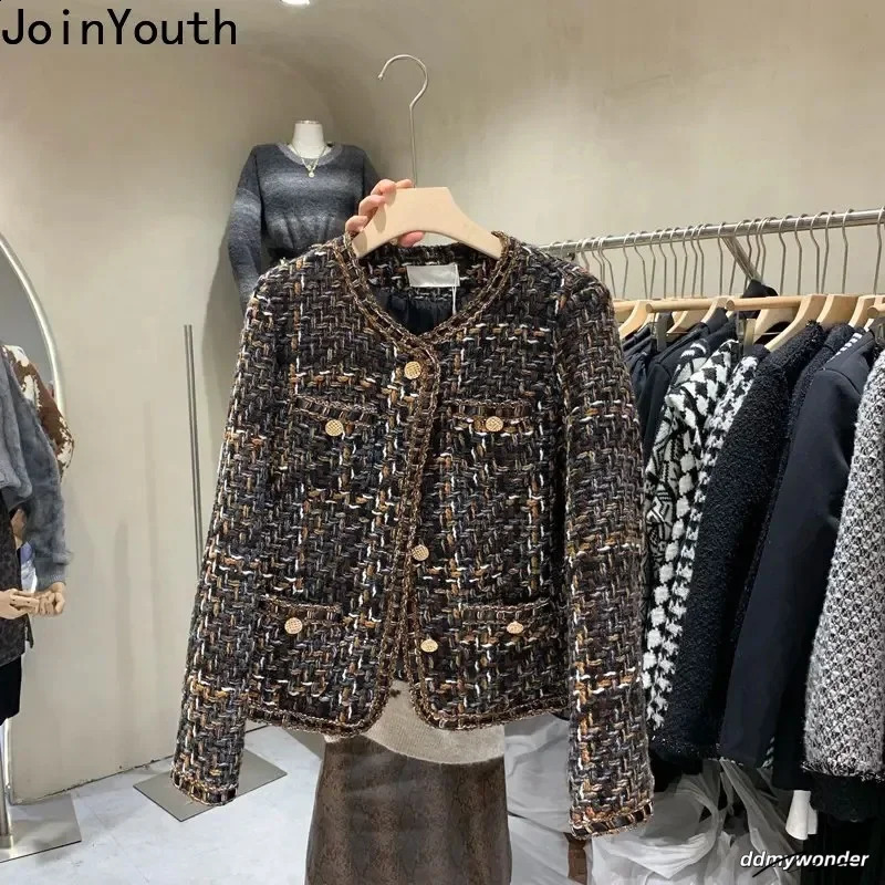 Tweed Women - Vintage Style Cropped Ladies Jacket Korean Fashion O-Neck Long Sleeve Y2k Tops ddmywonder ddmywonder ddmywonder