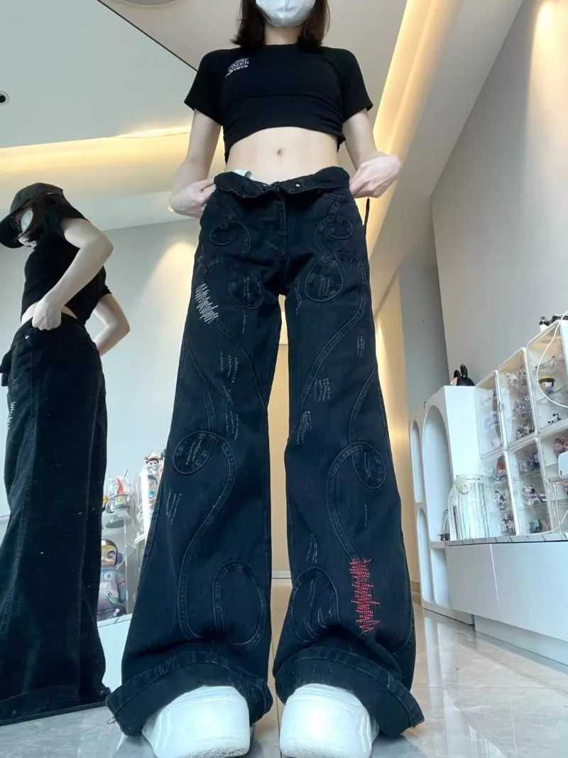 American High Street Heavy Industry Embroidered MicroLa Washed Jeans Women Y2K New Vintage Design Sense Small Tide Pants Z250910
