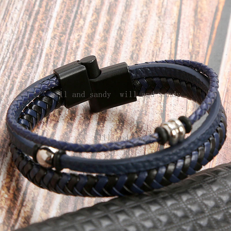 Men's Leather Bracelet Layered Leather Braided Bracelets Rock Stones Magnetic Clasp Christian Religious Cross Wristband Wrap Stacking Bracelets J