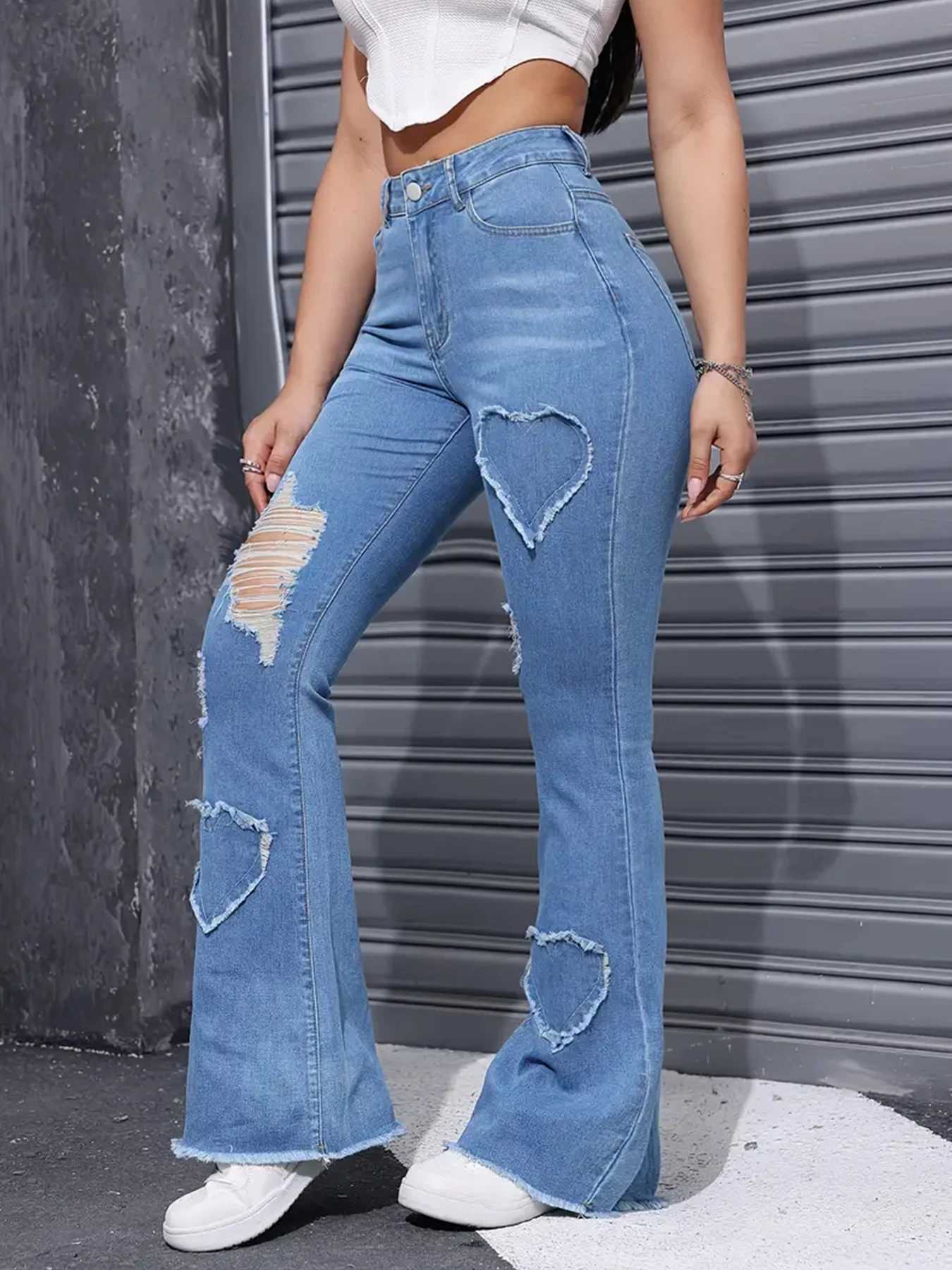 2025 Womens New Distressed Jeans Embroidered Patch Fabric High Elasticity Fashionable and Versatile Comfortable Denim Women Z250910
