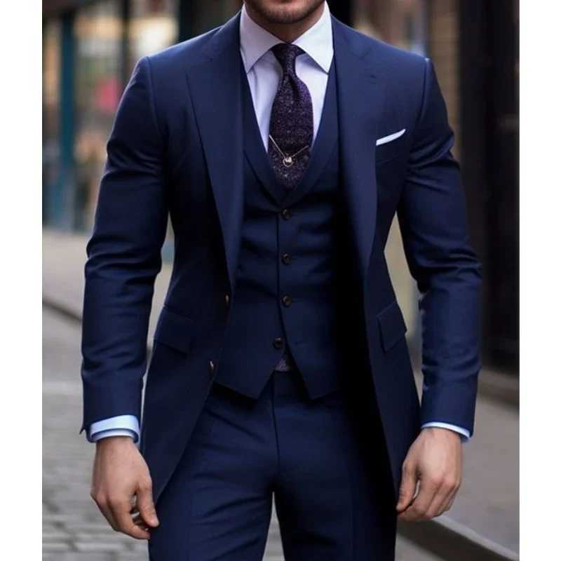 Navy Blue 3 Pieces Casual Male Suits Slim Fit Notched Lapel Formal Best Men Wedding Groom Wear Blazer Tuxedos Trajes De Hombre W250910