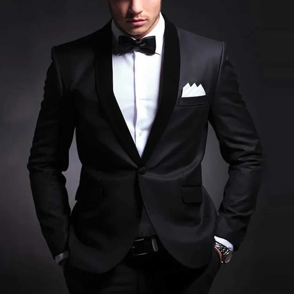 Black Men Suits Wedding Tuxedos One Button Skinny Male Clothing Velvet Shawl Lapel 2 Piece Jakcet Pants Slim Fit Male Clothing W250910