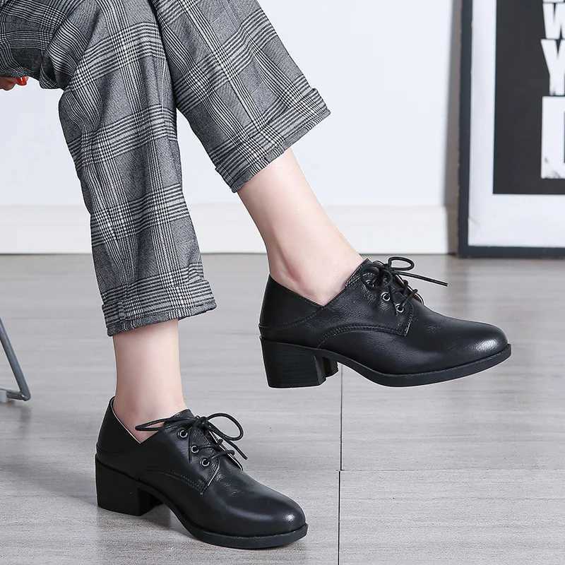 Black Small Shoes For Women British Moccasins For Women Autumn Deep Single Shoes Laceup Commuter Medium Heel Plus Size Womens W250910
