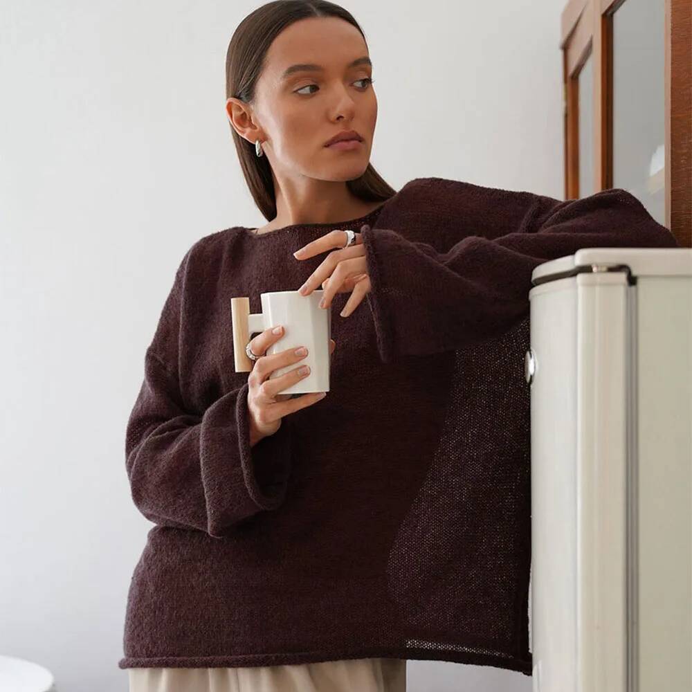 Talenza Hollow Sweater Women's Solid See-through O-Neck Long Sleeve Knitted T-Shirt Loose Casual Pullover 2025 dongdumaoyi