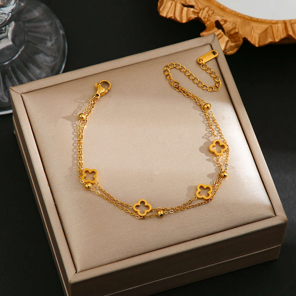 Japanese and Korean Light Fashion Hollow Four-Leaf Clover Titanium Steel Bracelet for Women Simple Versatile Layered Best Friend Jewelry Non-Fading