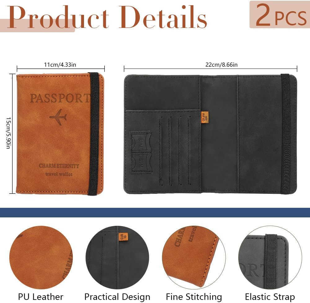 Passport Holder for Travel 2 Pack Passport Wallet PU Leather Passport Cover Case RFID Blocking Passport Book with Card Holder Travel Must Haves Travel