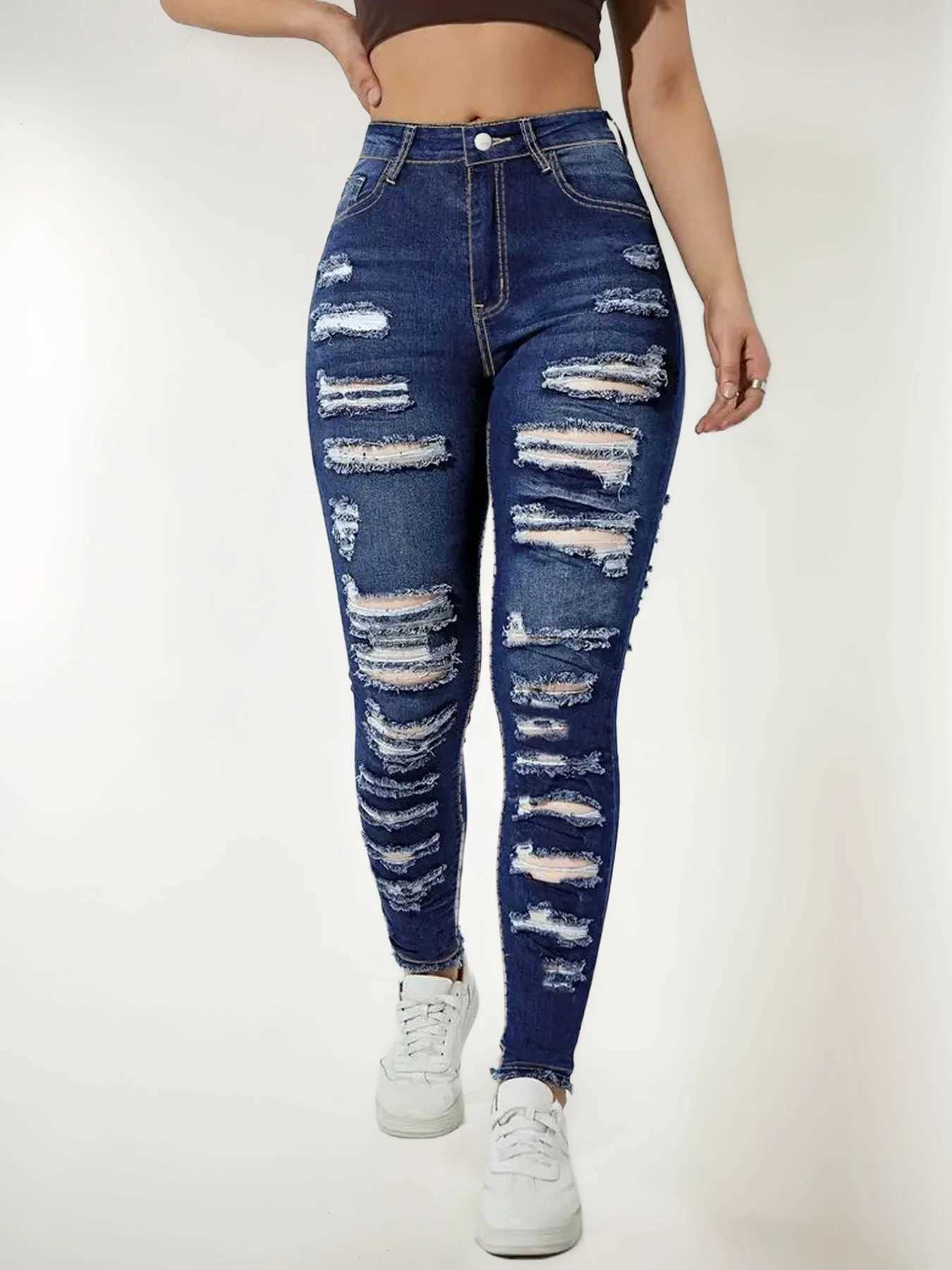 2025 New Womens High Waisted Elastic Perforated Slim Fit Jeans Fashionable Street Style Comfortable Casual Jeans Z250910