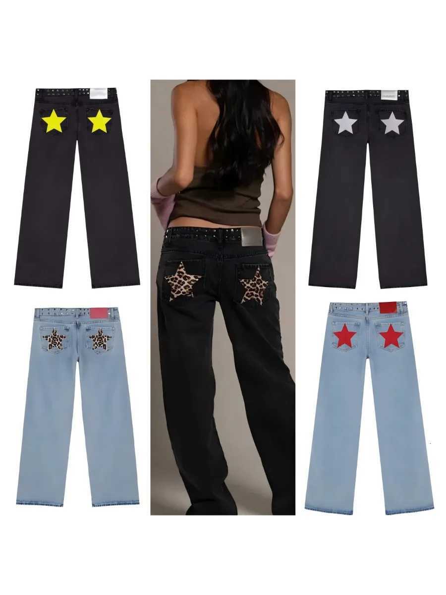 Block Y2K Hot Leopard Print Fivepointed Star Striped Rivet Exterior Decoration Jeans Straightleg Pants Trendy Womens Clothing Z250910