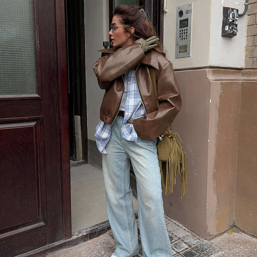 Angora Red Jacket Leather Motorcycle Girl Fashion Coat Autumn Winter New Niche Top Women's Elegant B3