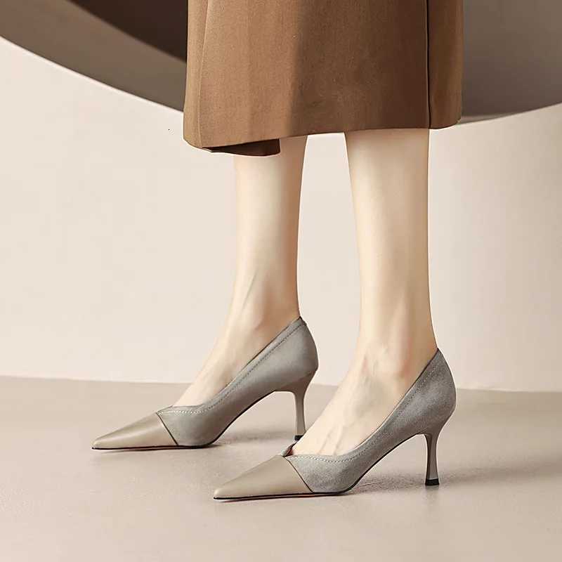 2023 New Stitching High Heels Womens Single Shoes Pointed Thin Temperament Hollowed Out Apricot Matching Shallow Mouth W250910