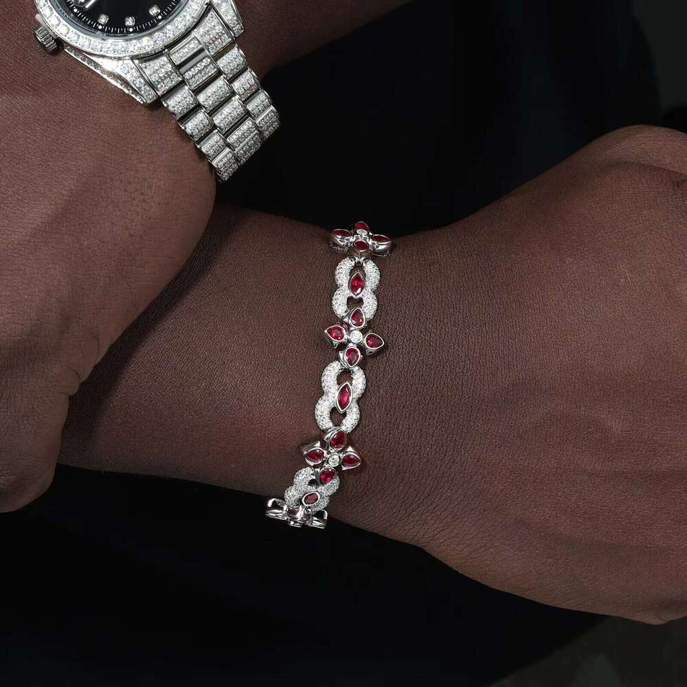 Fine Jewelry Men 10mm 14mm Sterling Sier VVS Moissanite Dia Colorful Moissanite Four Leaf Clover Infinity Link Bracelet