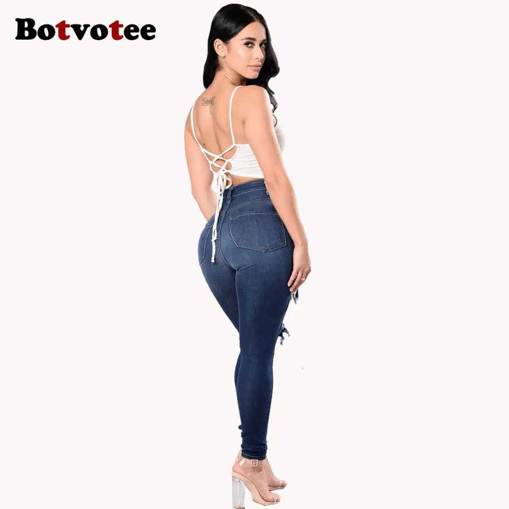 Botvotee Ripped Skinny High Waisted Pencil Jeans for Women Casual Y2K Streetwear Denim Pants Dark Blue Elastic Jeans Woman Z250910
