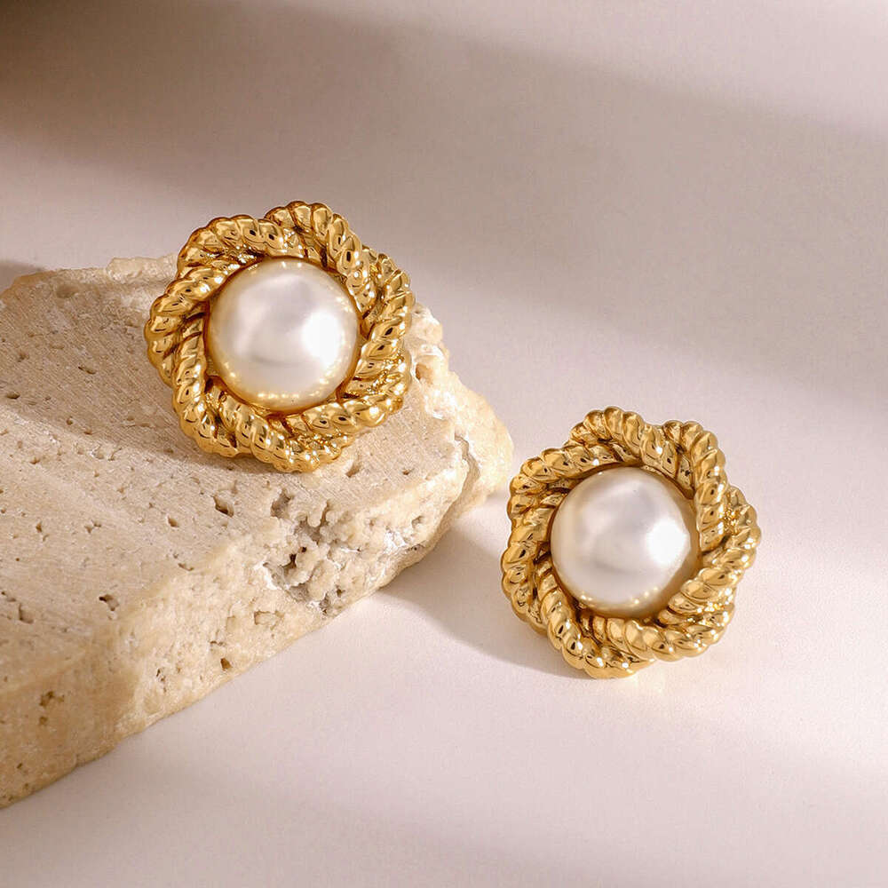 Jieding Stainless Steel Gold-Plated Flower Braided Texture Pearl Design Sense High-End Versatile Earrings