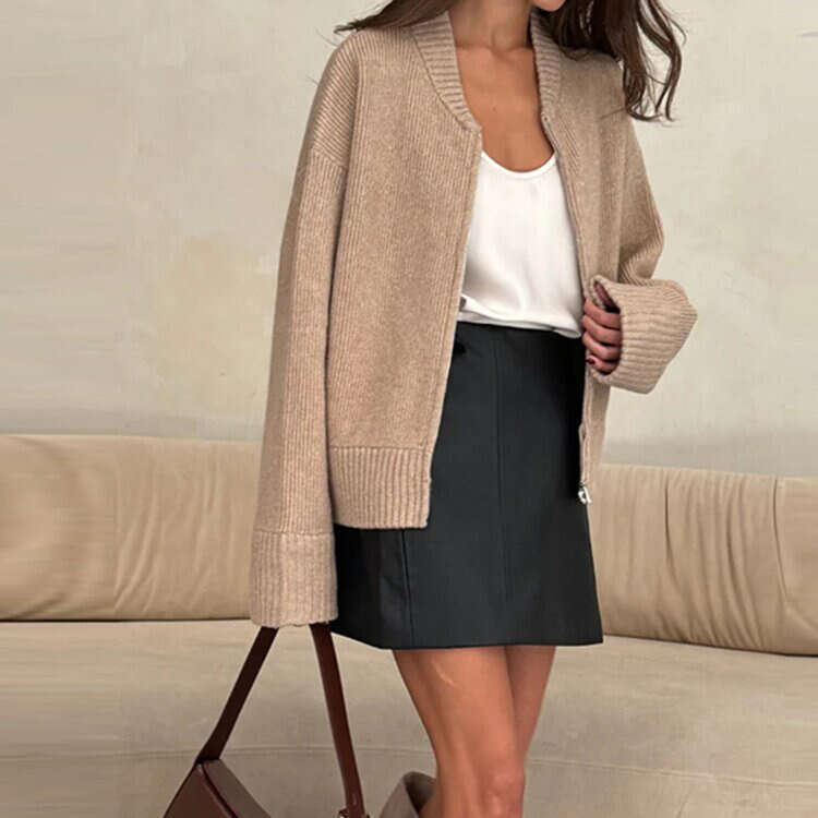 Autumn And Winter Casual Versatile Solid Color Zipper Knitted Sweater Cardigan For Women B3