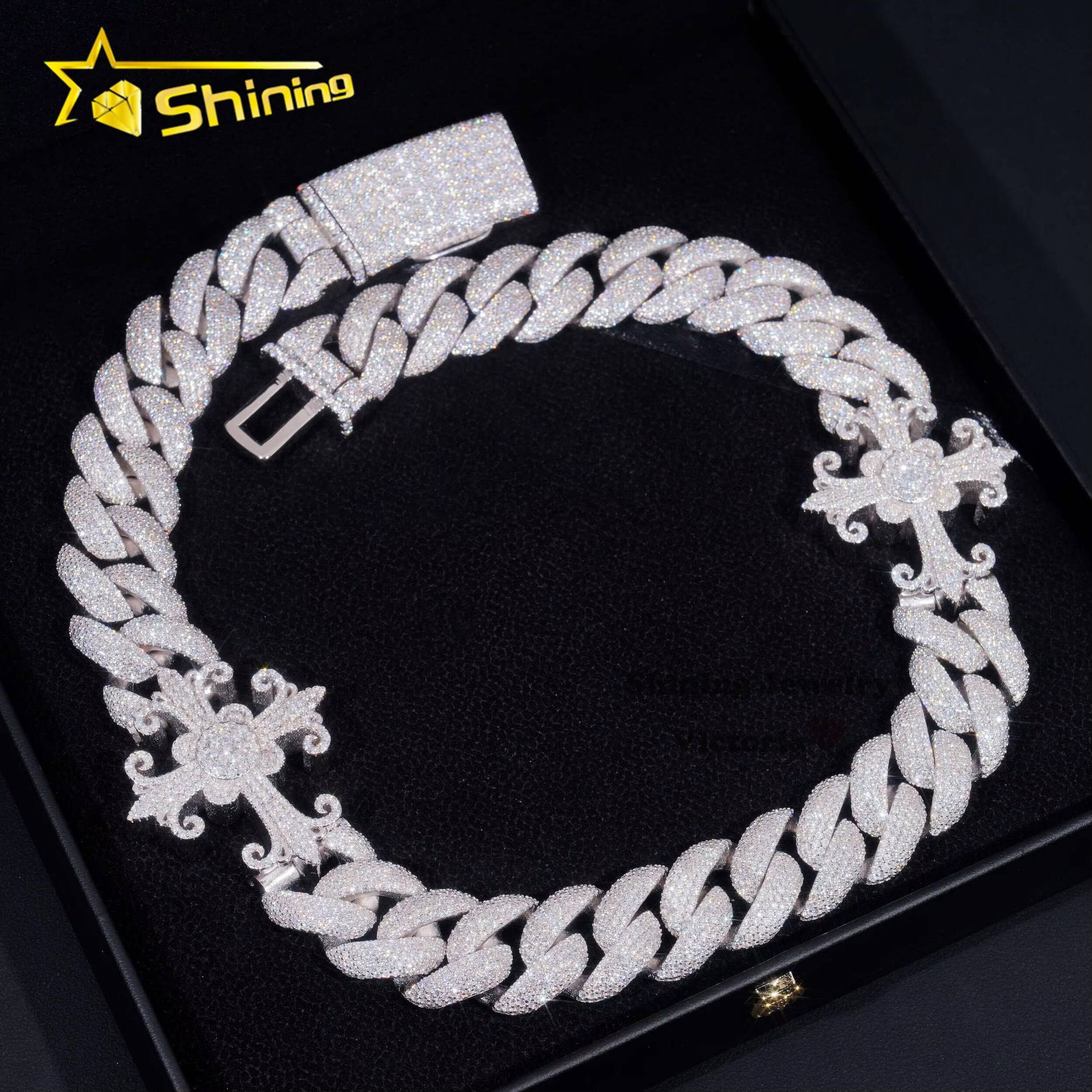 Custom Luxury Heavy Chain for Men 18MM Soild Silver Rappers Necklace Hip Hop Jewelry VVS Moissanite Diamond Cross Cuban Chain