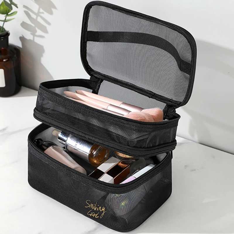 LargeCapacity Black Mesh Makeup Case Organizer Storage Pouch Casual Zipper Toiletry Wash Bags Make Up Women Travel Cosmetic BagXJ250910