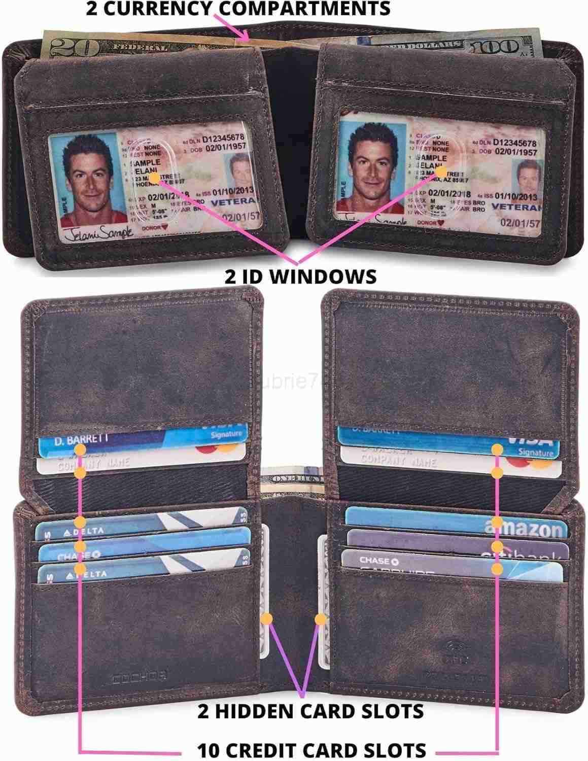 Mens Wallet Real Leather Bifold RFID Blocking High Capacity Card Case with 2 ID Window in Gift Box Crazy Horse BlackZ250910
