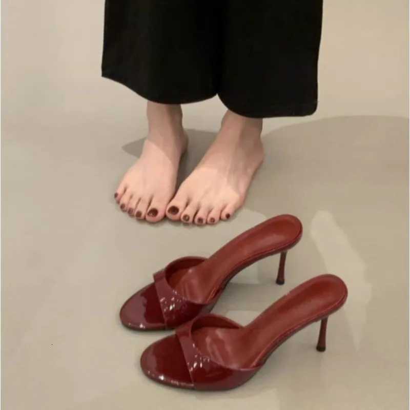 Wine Red Patent Leather Women Slippers Sandals Fashion Round Open Toe Thin High Heels Mules Slides Summer Party Dress Shoe W250910