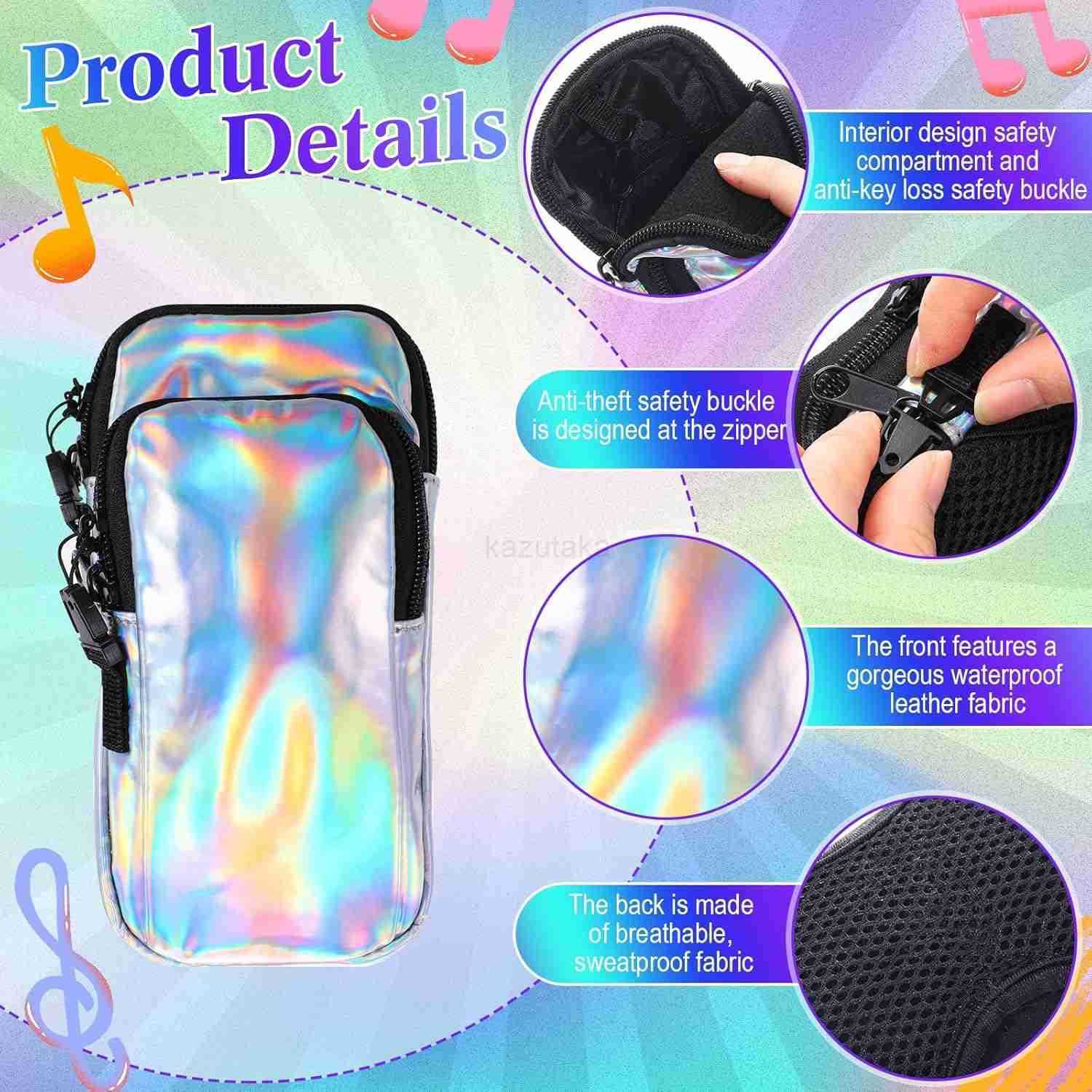 Bag with Cell Phone Pocket Fan Case Bag with Arm Leg Band Buckled Zippers and Hidden Zipper Pocket for Music Raves and Circuit PartyLaser Silver Z2509