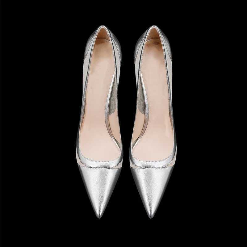 2025 Spring New Patchwork Mesh Silver High Heels For Women Pointy Shallow Mouth Temperament Slim Heel Shoes Wedding Pumps W250910