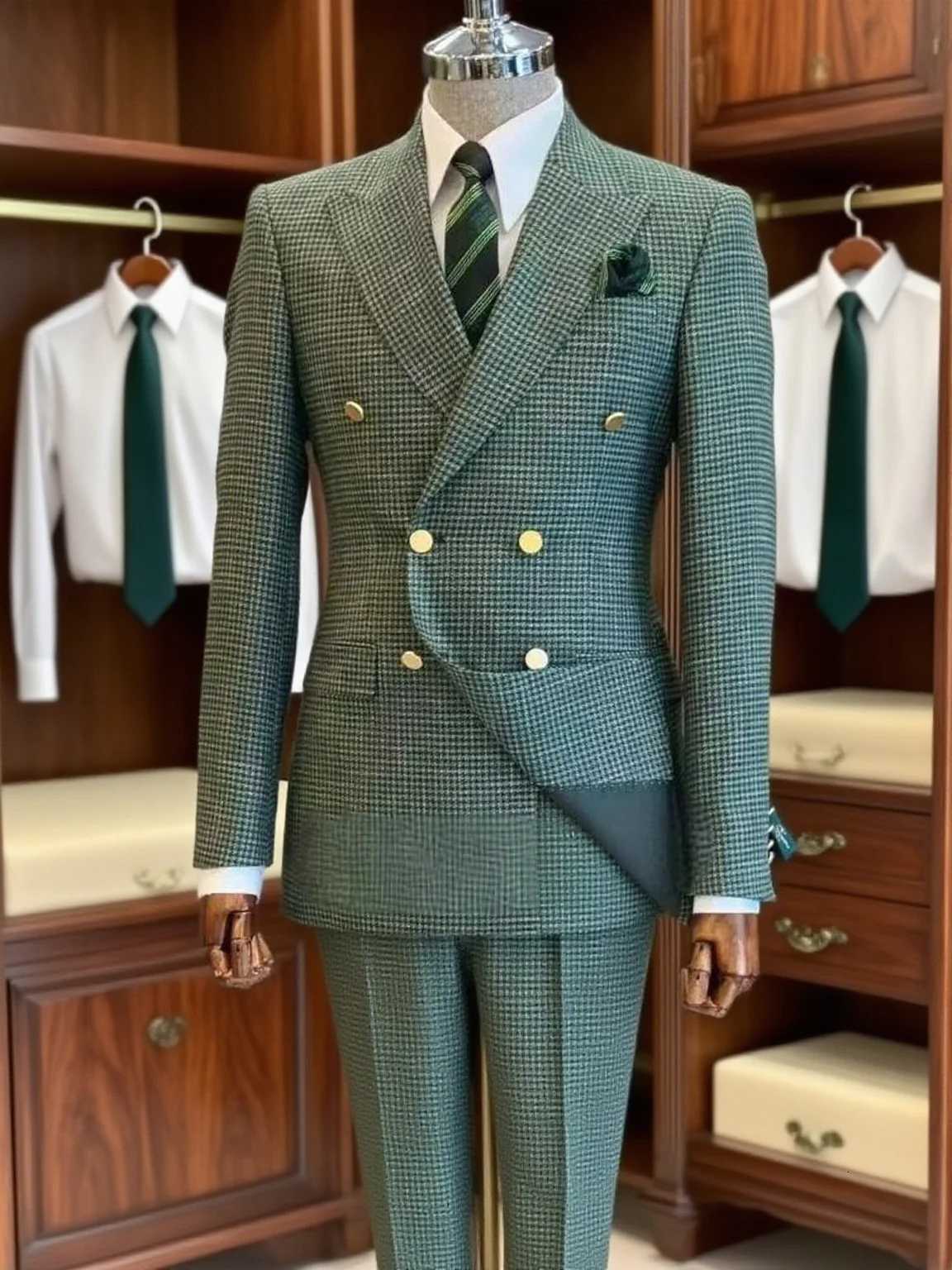 Mens Suit Houndstooth Customized Wide Lapel Double Breasted Slim Fit Jacket Business Groom Tuxedos Male Prom Fashion Blazer W250910